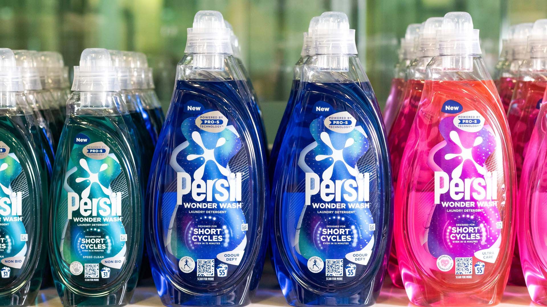 Line-up of Persil Wonder Wash bottles from Unilever’s Home Care business group.