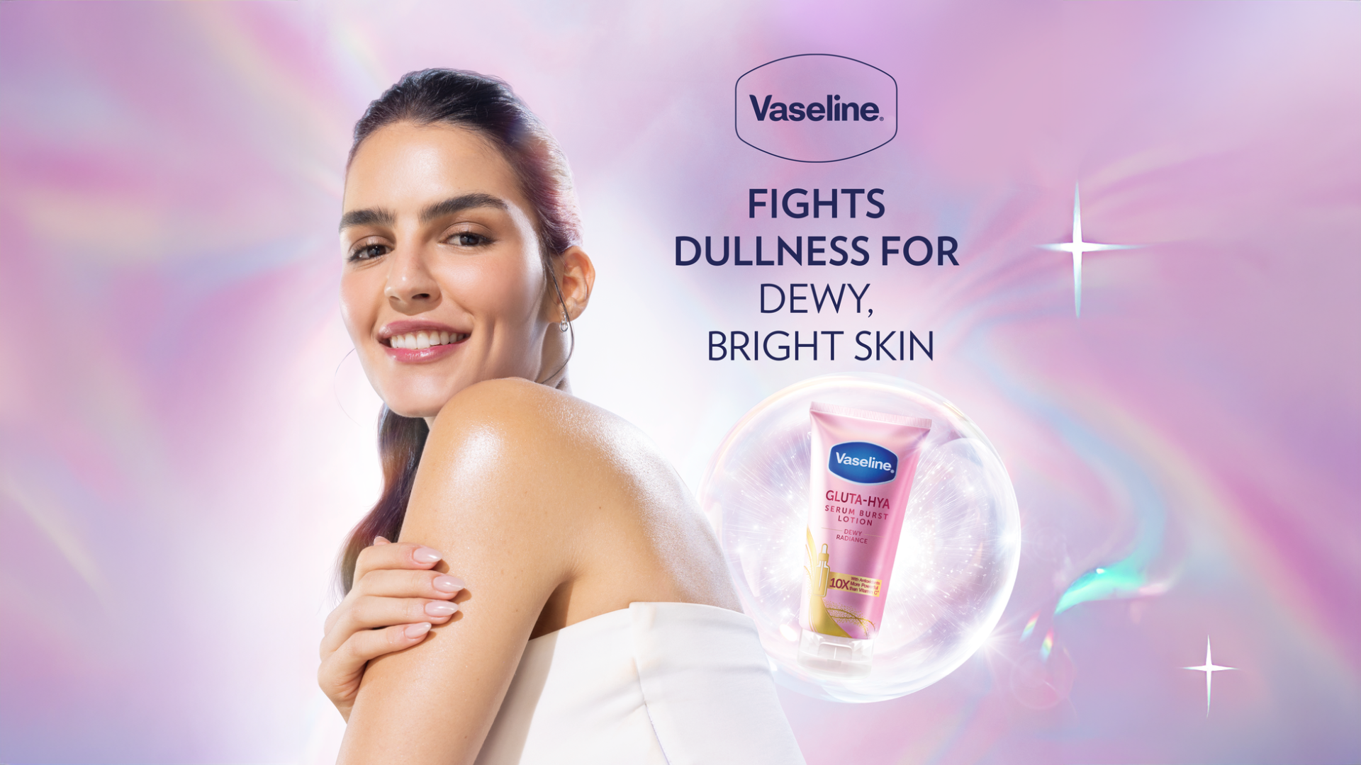 Vaseline Gluta-HYA product advertisement featuring a woman and the tagline "Fights dullness for dewy, bright skin".