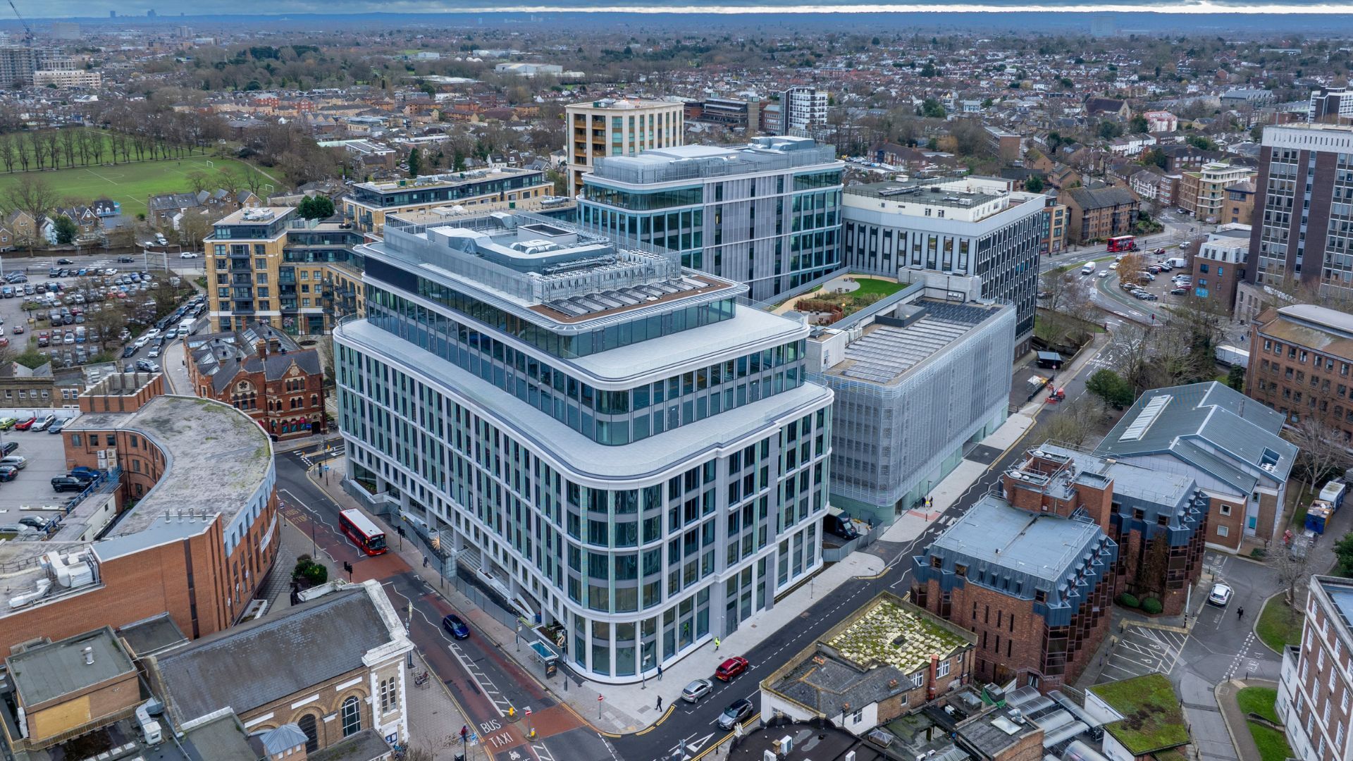 Aerial view of Sunlight House and the wider Kingston Campus development in Kingston upon Thames.
