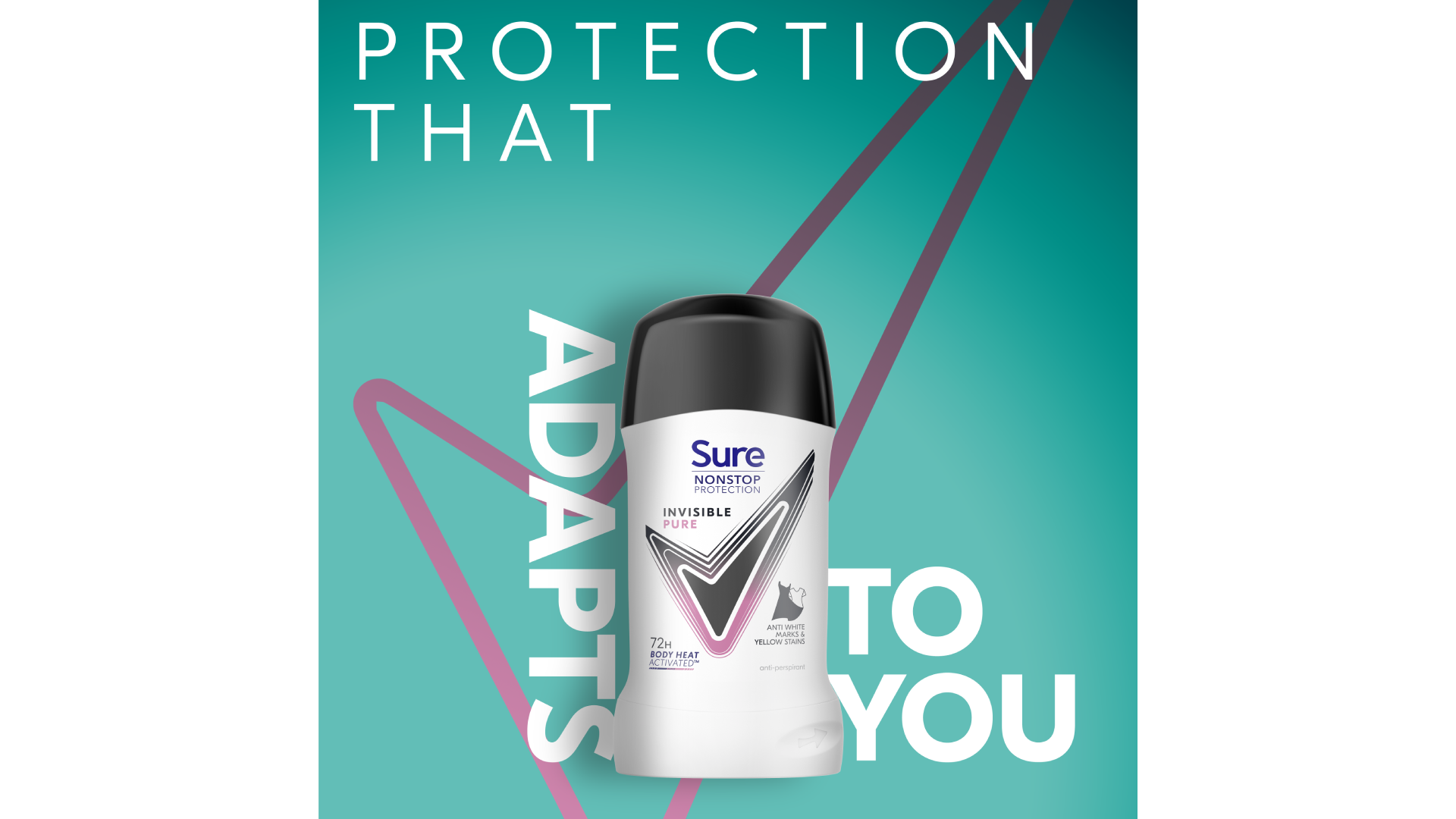 Sure Invisible Pure antiperspirant with text 'Protection that adapts to you.
