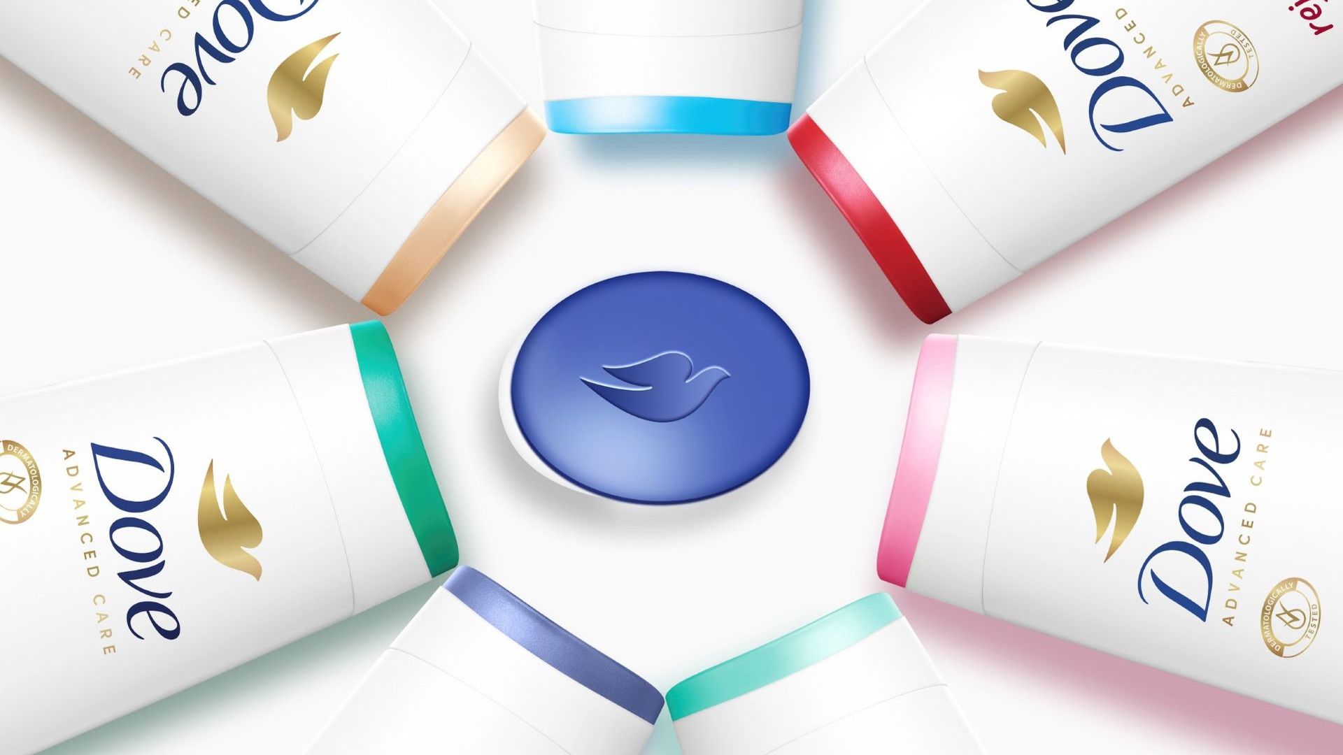 Photo of Dove’s MicroMoisture Body Wash range featuring five variants with different coloured lids, arranged in a circle.