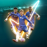 Chelsea players on top of a Sure logo