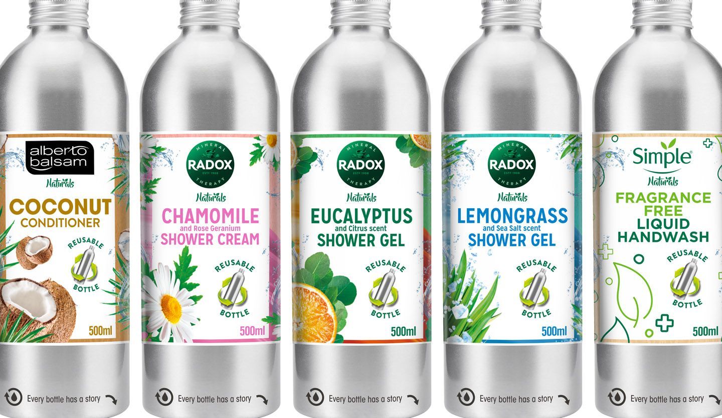Five stainless steel bottles for Unilever brands Alberto Balsam, Radox and Simple that are being used in the Asda refill–reuse trial