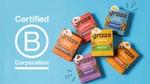 An image of the different graze oat bites on a blue background positioned next to the certification of B corporation.