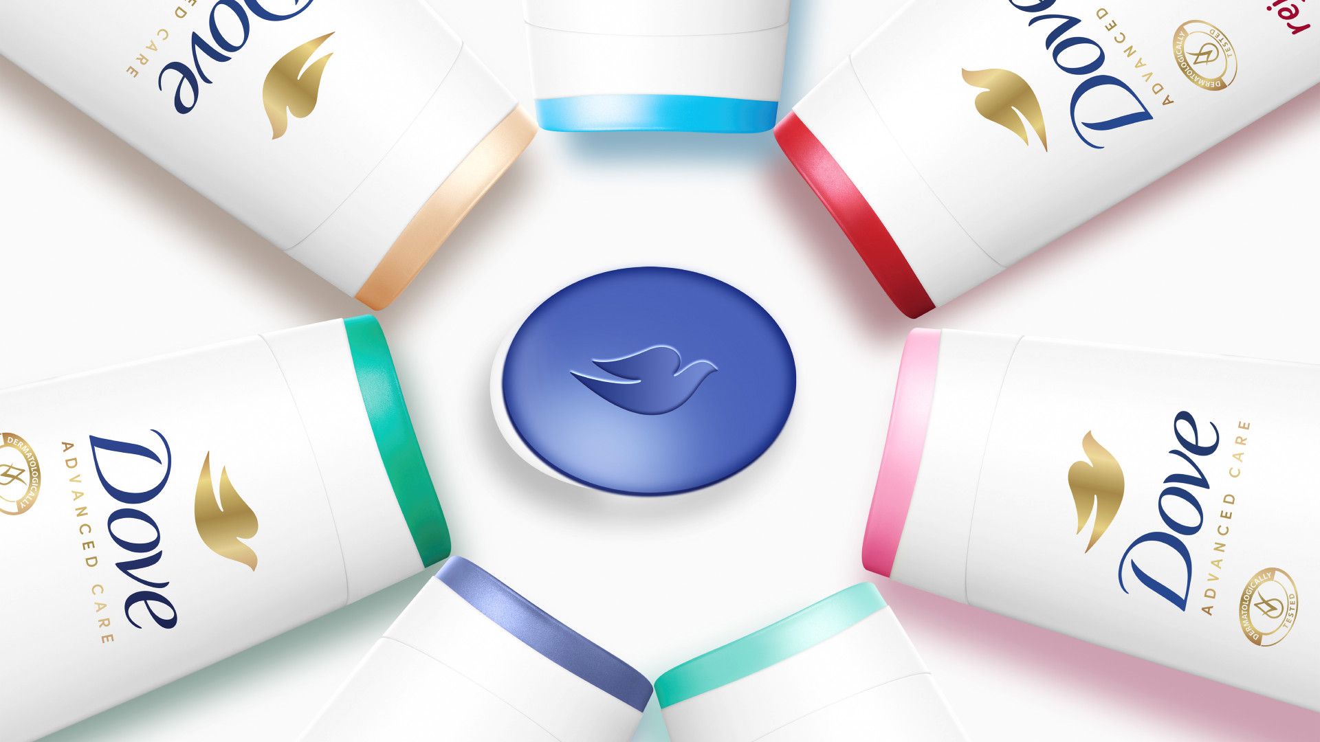 Six bottles of Dove Advanced Care displayed in a circle around the Dove logo.