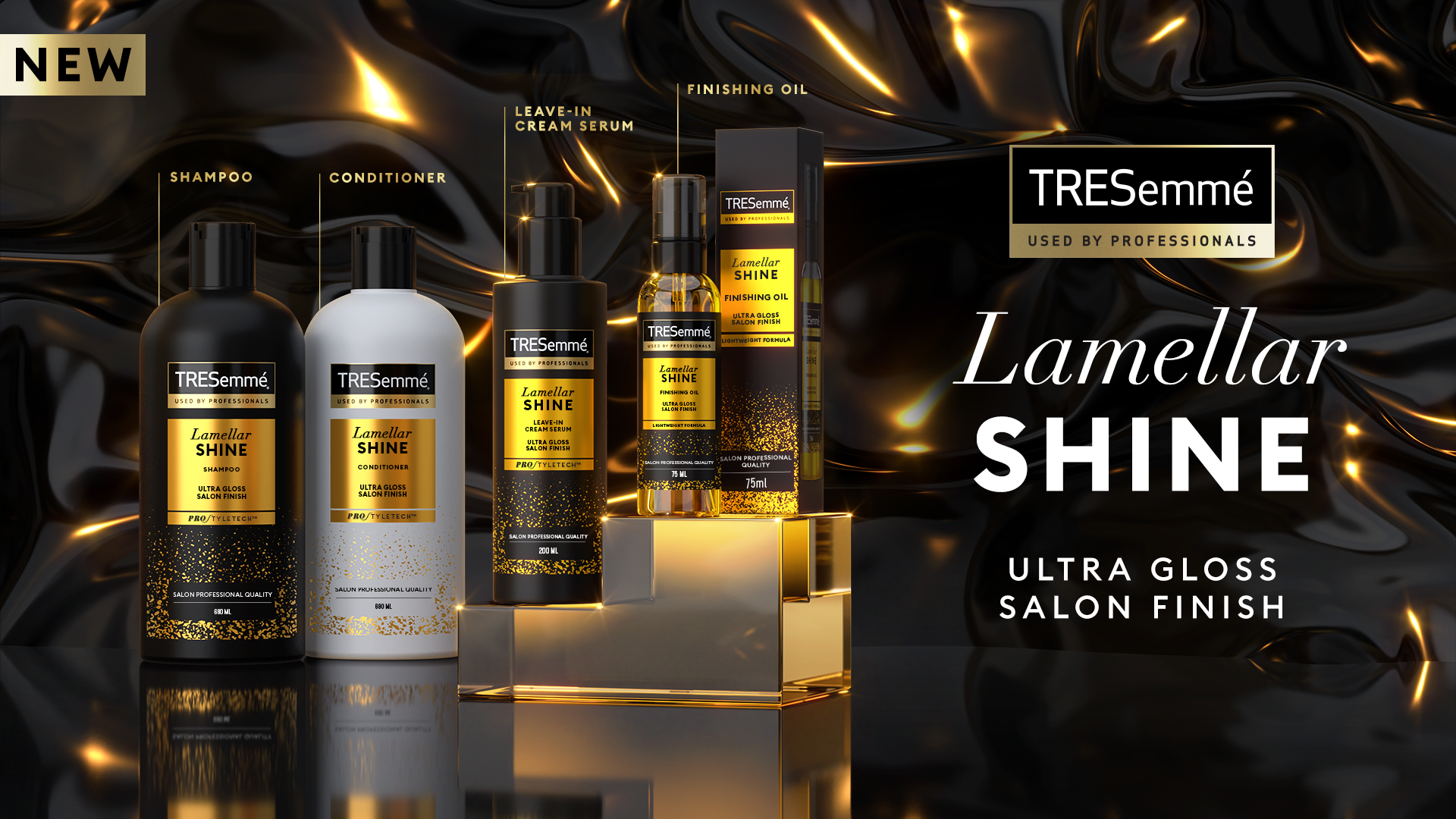 Shiny hair products from TRESemmé Lamellar Shine, including shine shampoo and conditioner. Black bottles with gold branding