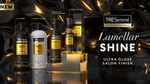 Shiny hair products from TRESemmé Lamellar Shine, including shine shampoo and conditioner. Black bottles with gold branding