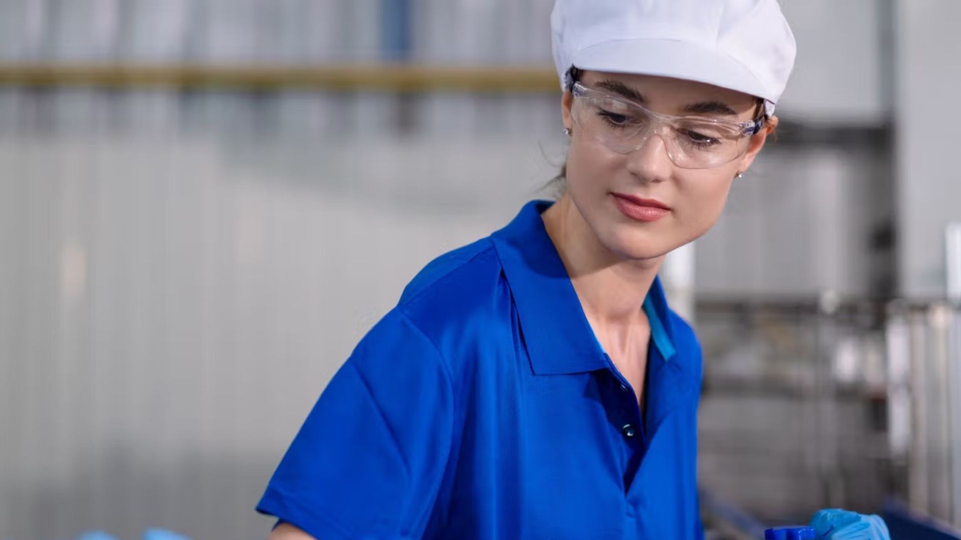 Person in glasses wearing white hard hat and blue overalls.