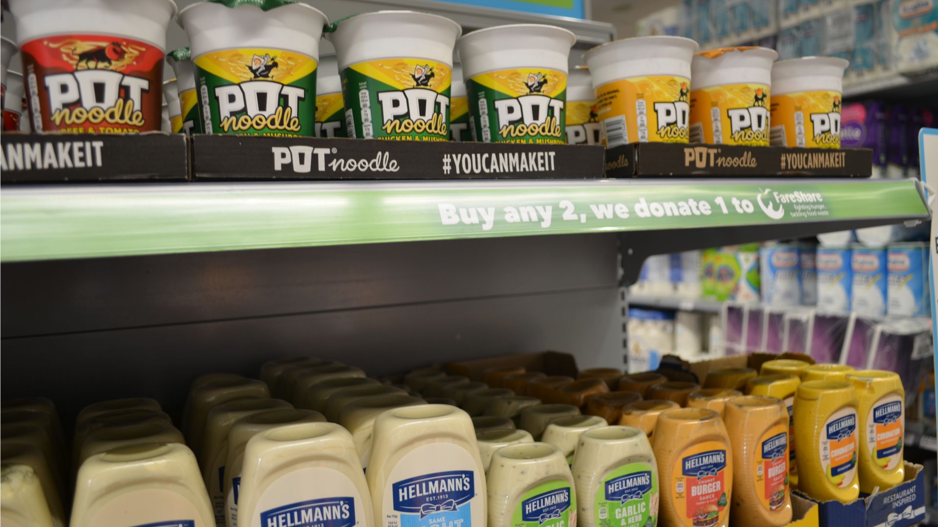 Range of Pot Noodle and Hellmann’s products on-shelf