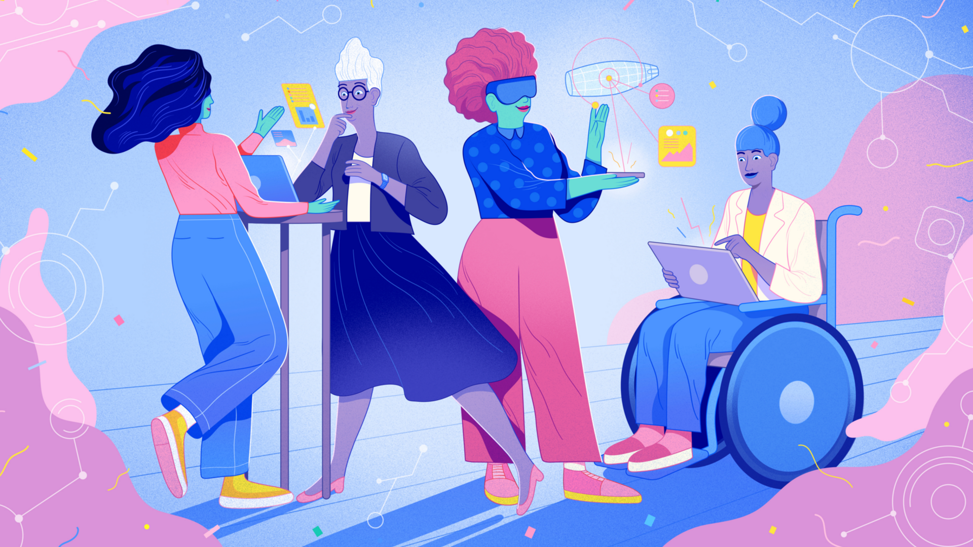 Illustration of four diverse women engaging with technology, including laptops and virtual reality, with a futuristic background.