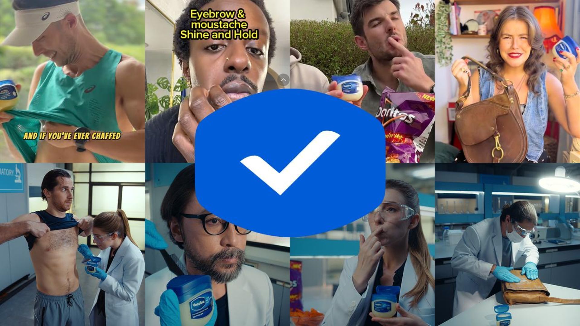 Image of the Vaseline Verified campaign, showing people trying Vaseline hacks and Unilever scientists testing hacks in a lab.