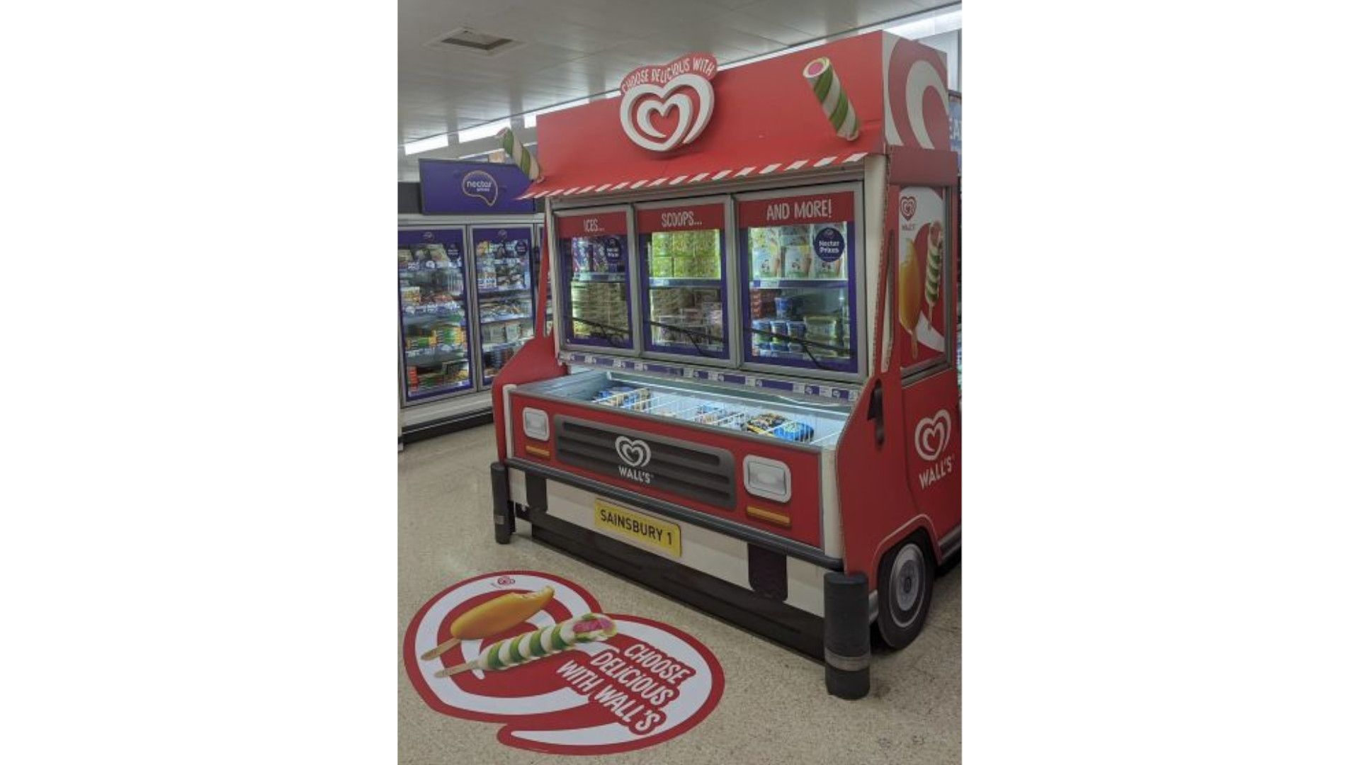 An ice cream van gondola end in a Sainsbury’s freezer aisle.