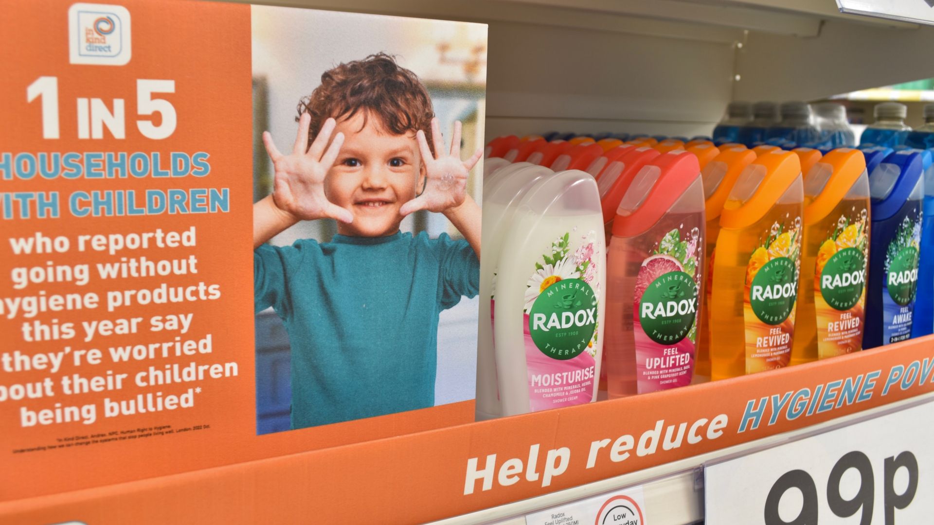 A store shelf with hygiene products, showcasing an In Kind Direct campaign to help with hygiene poverty.