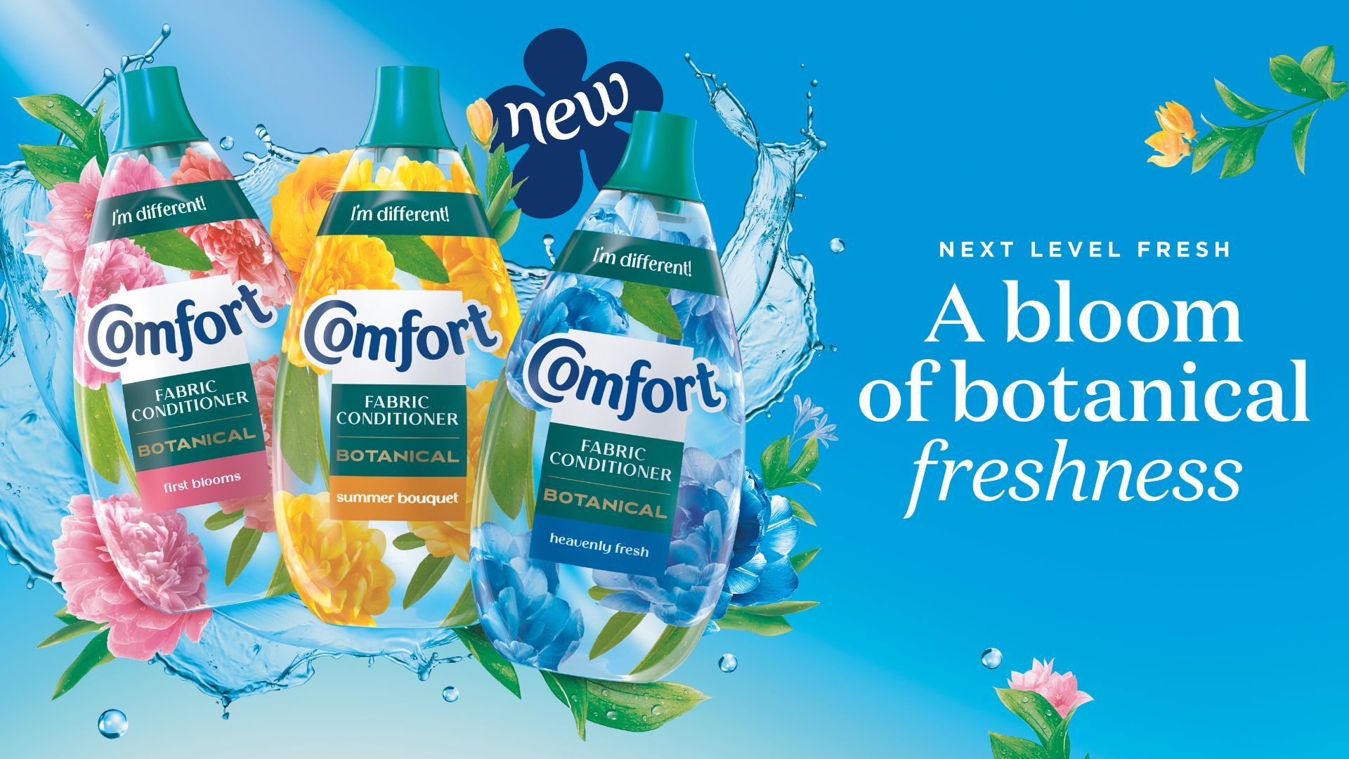 Advert for Comfort Botanicals showing three bottles and text that reads ‘A bloom of botanical freshness’.