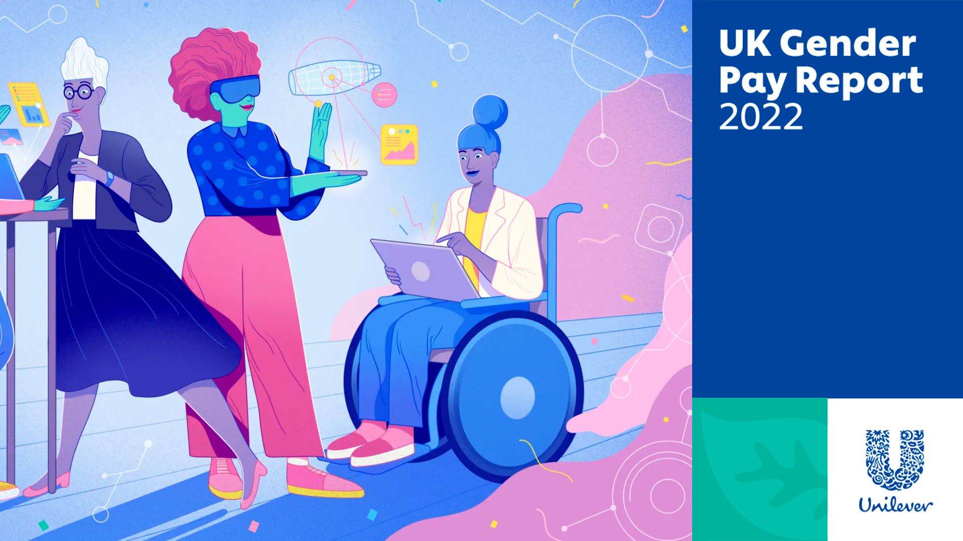 Different women: one standing, looking at a computer, another looking into a VR and one in a wheelchair on the computer.