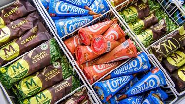 Ice cream freezer cabinet full of Cornetto and Magnum ice creams