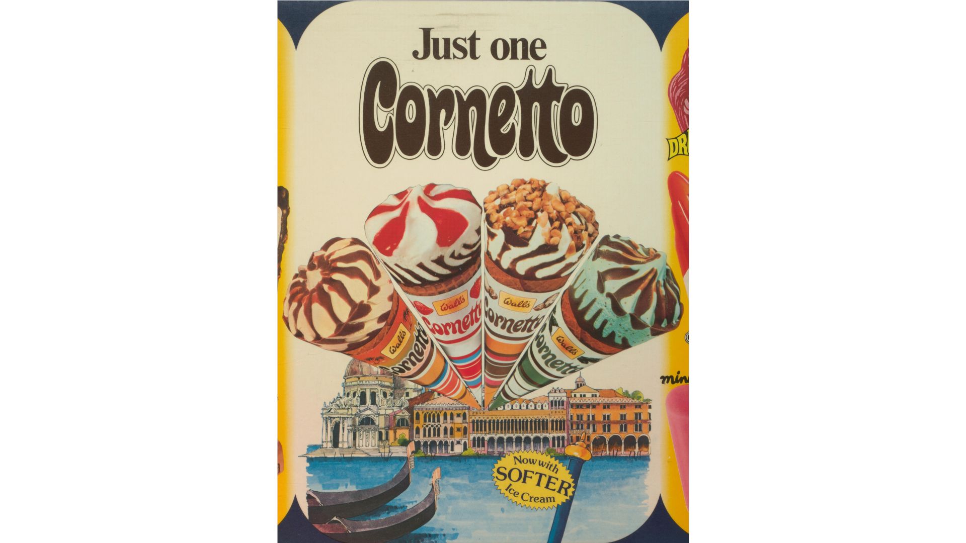 The one and only Cornetto, Wall’s, with image of three Cornettos and a scene of Venice in the background