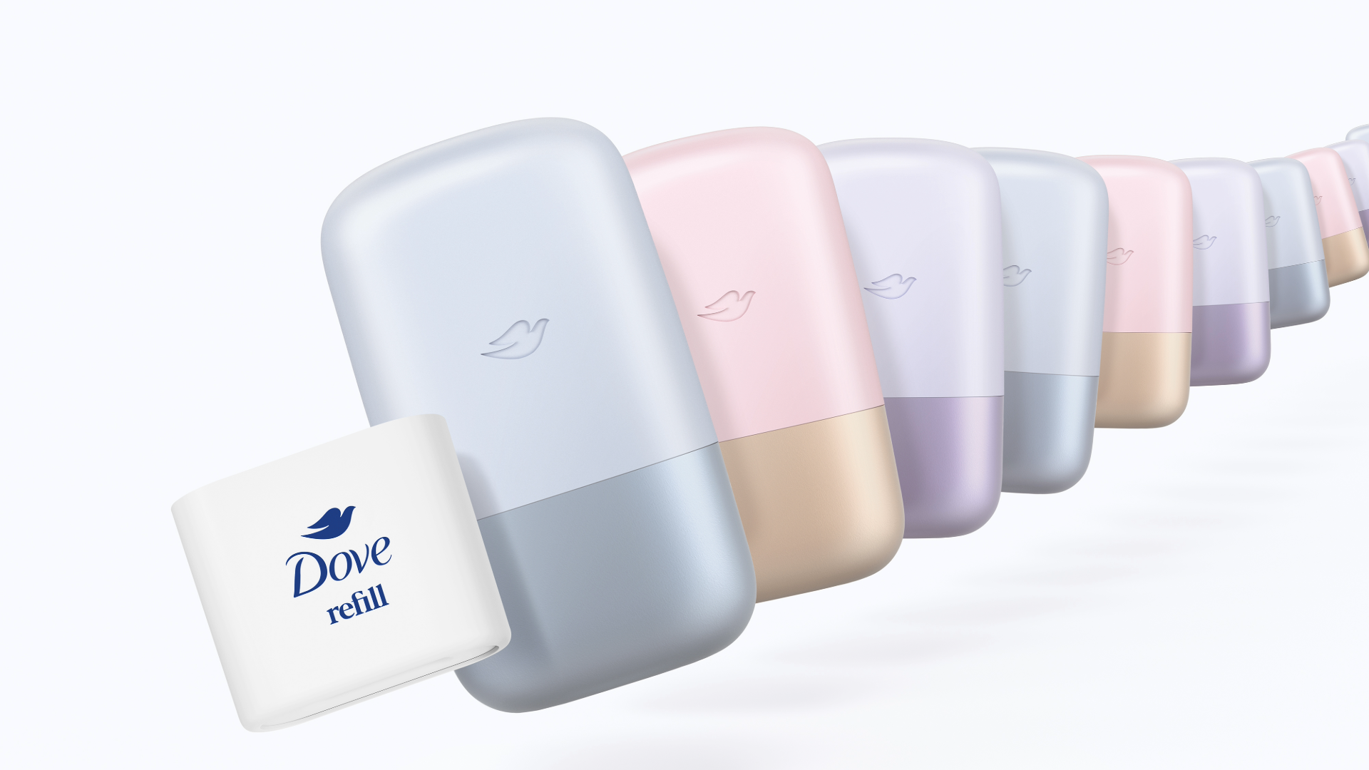 A row of stylish Dove refillable containers in soft colors, with a white refill pack prominently displayed in the front.