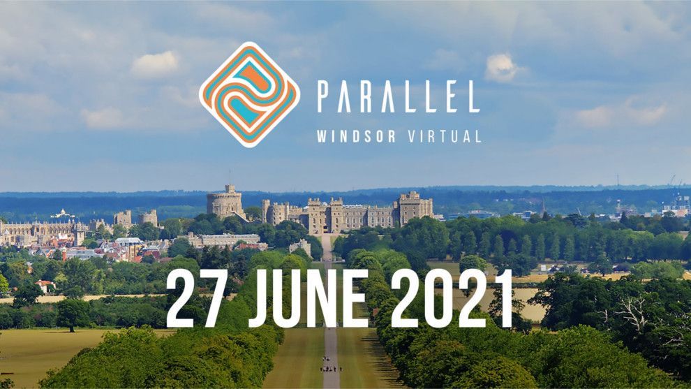 An aerial view of Windsor on a sunny day, where Parallel hold their annual event. The Parallel logo sits at top the image