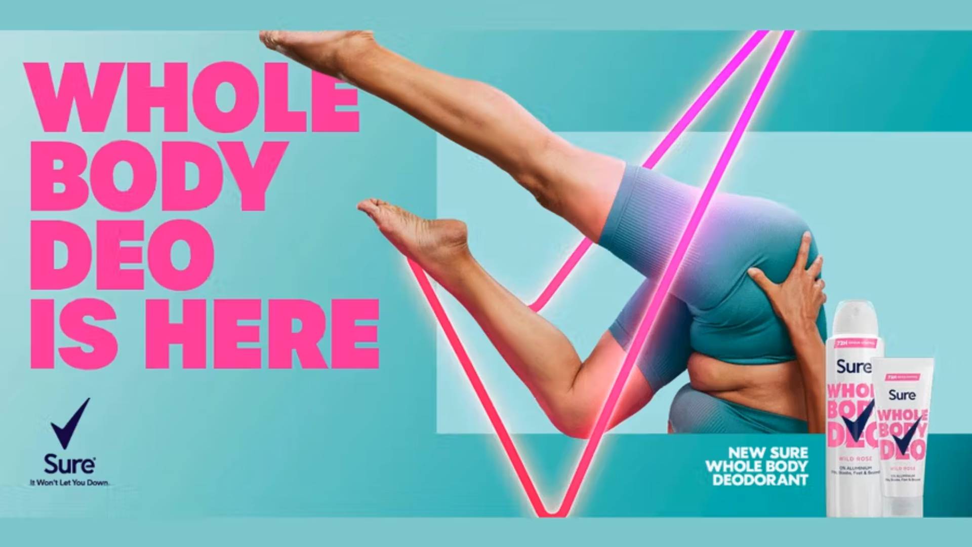 Person in yoga pose with Whole Body Deodorant products and neon pink text.