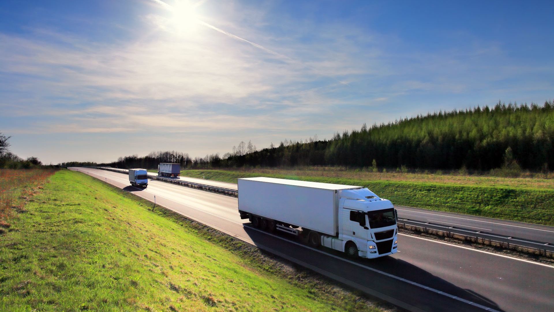 A white delivery truck driving on a motorway.