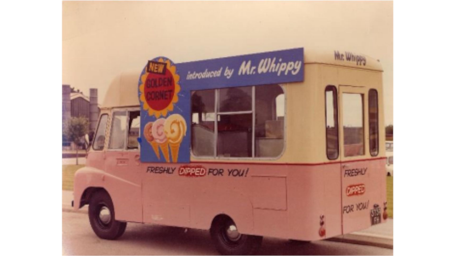pink and white Mr. Whippy ice cream van