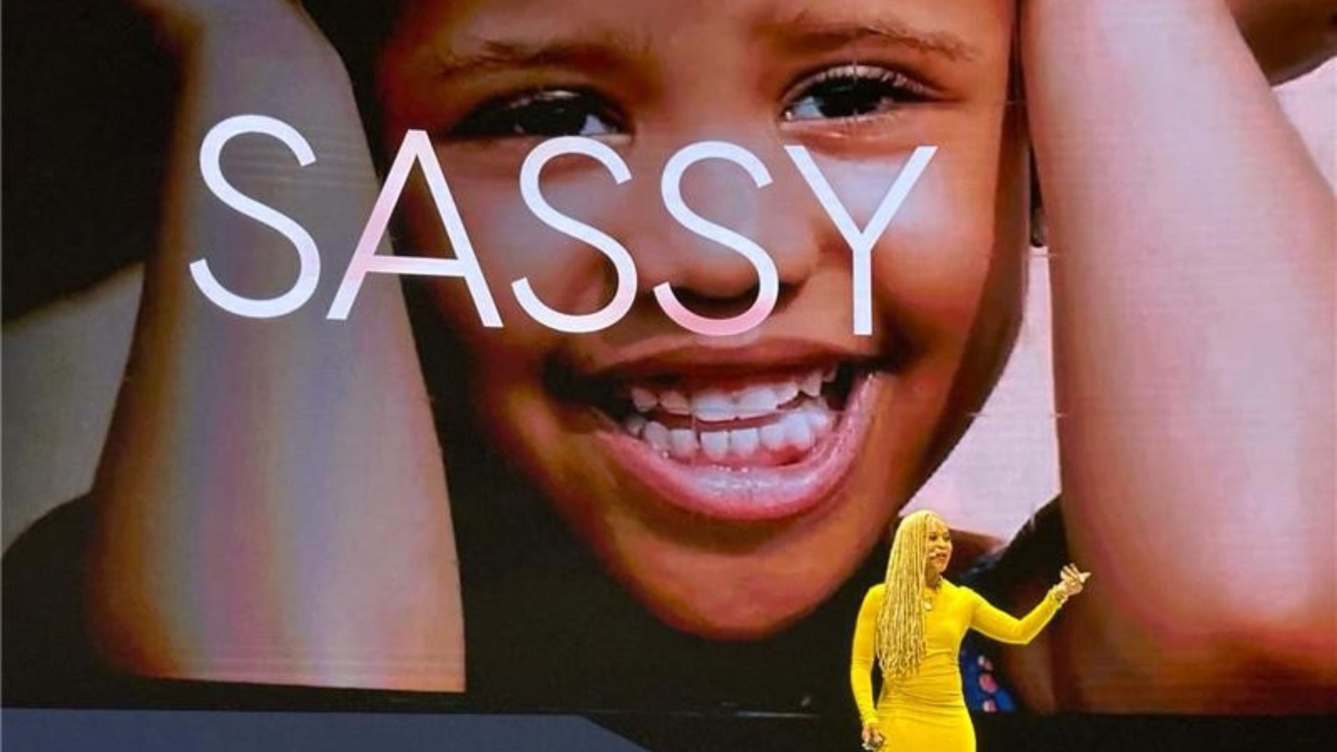 Esi Eggleston Bracey in a yellow dress presenting at Cannes Lions 2025