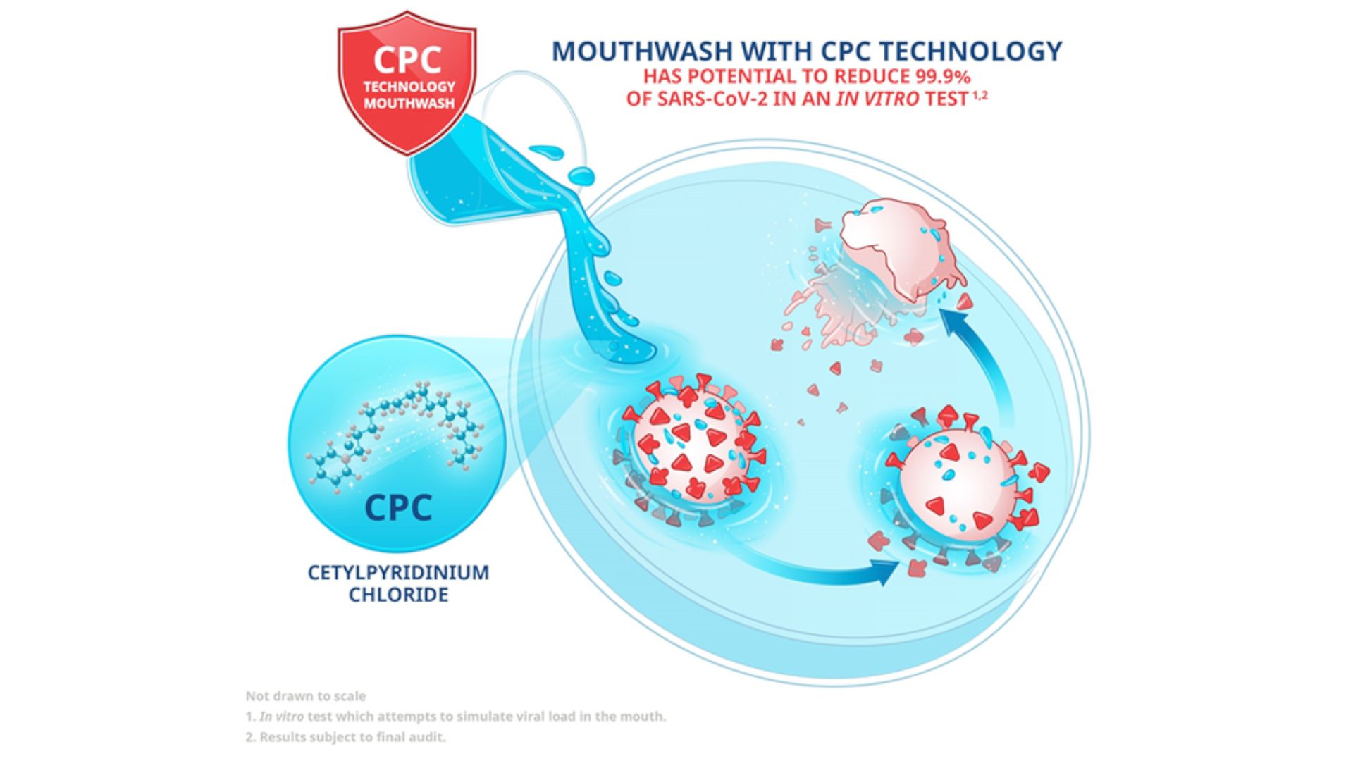 A diagram illustrating the effect CPC Technology in mouthwash can have on the virus that causes Covid-19