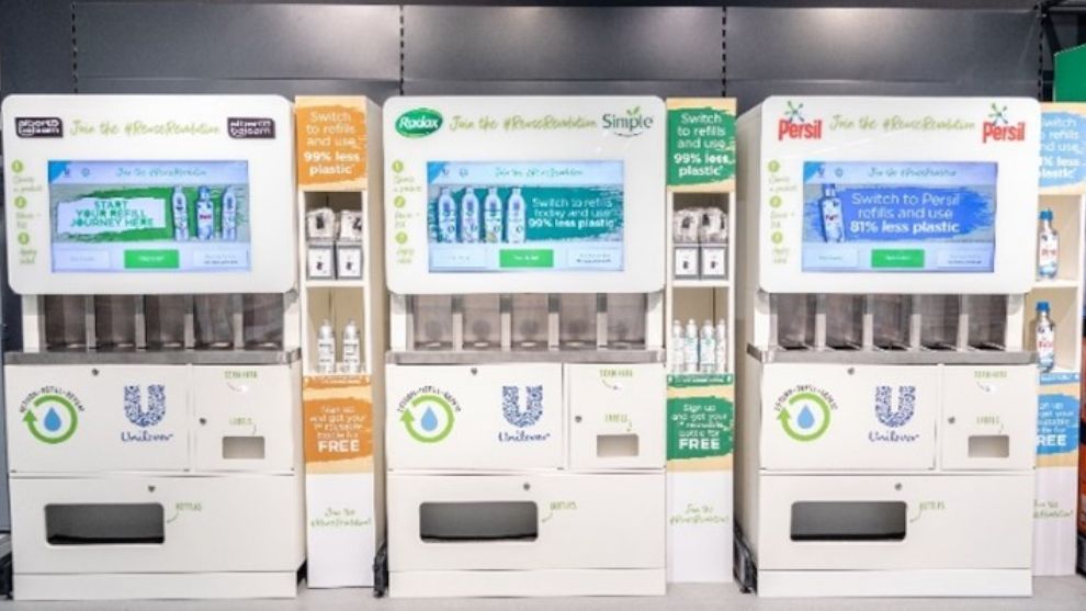 an image of three refill stations in Asda for Alberto Balsam, Radox and Persil.