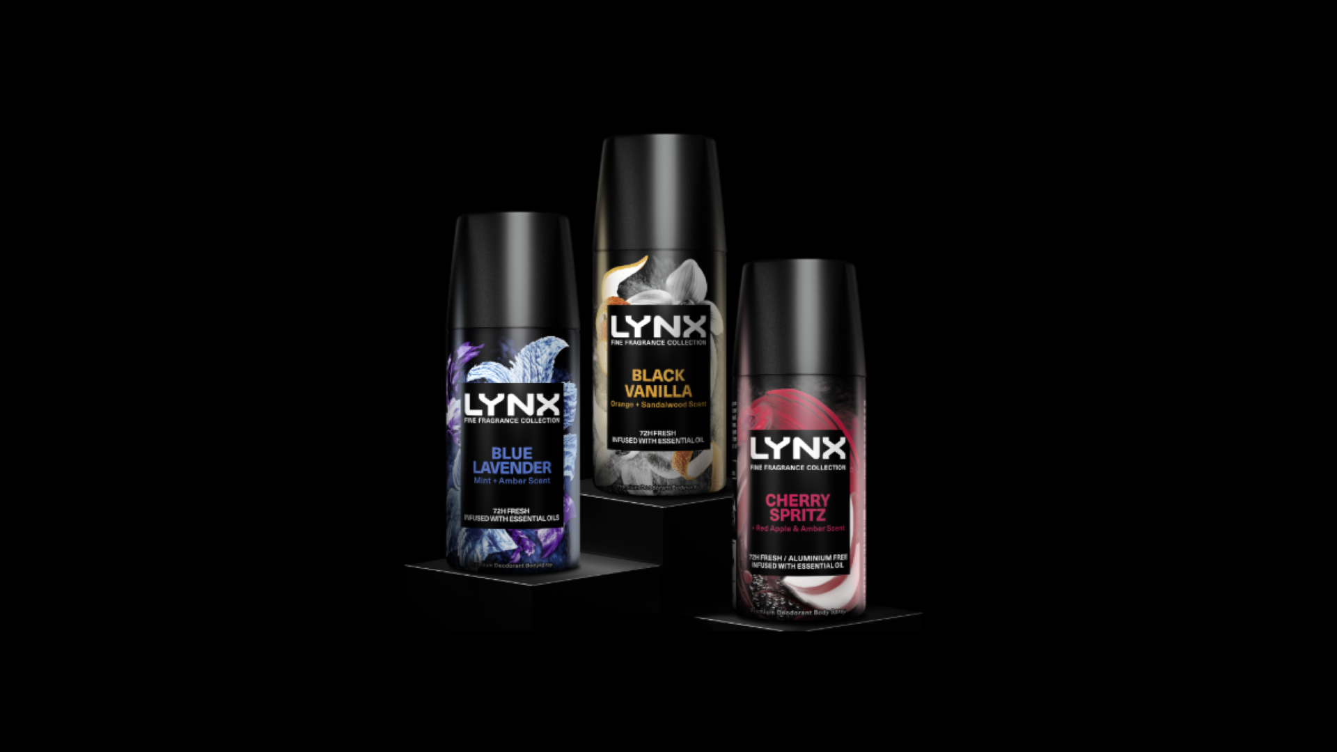 Three Lynx deodorant body sprays featuring Blue Lavender, Black Vanilla, and Cherry Spritz scents, in sleek black cans.