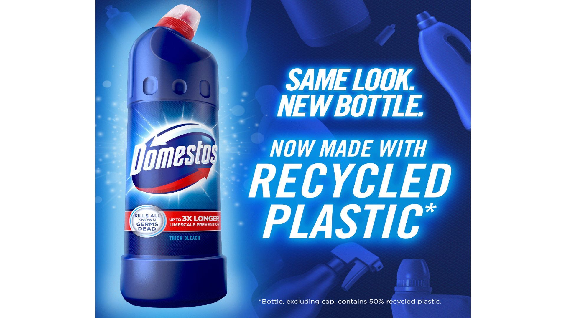 blue Domestos 750ml bleach bottle. Same look. New bottle. Now made with recycled plastic
