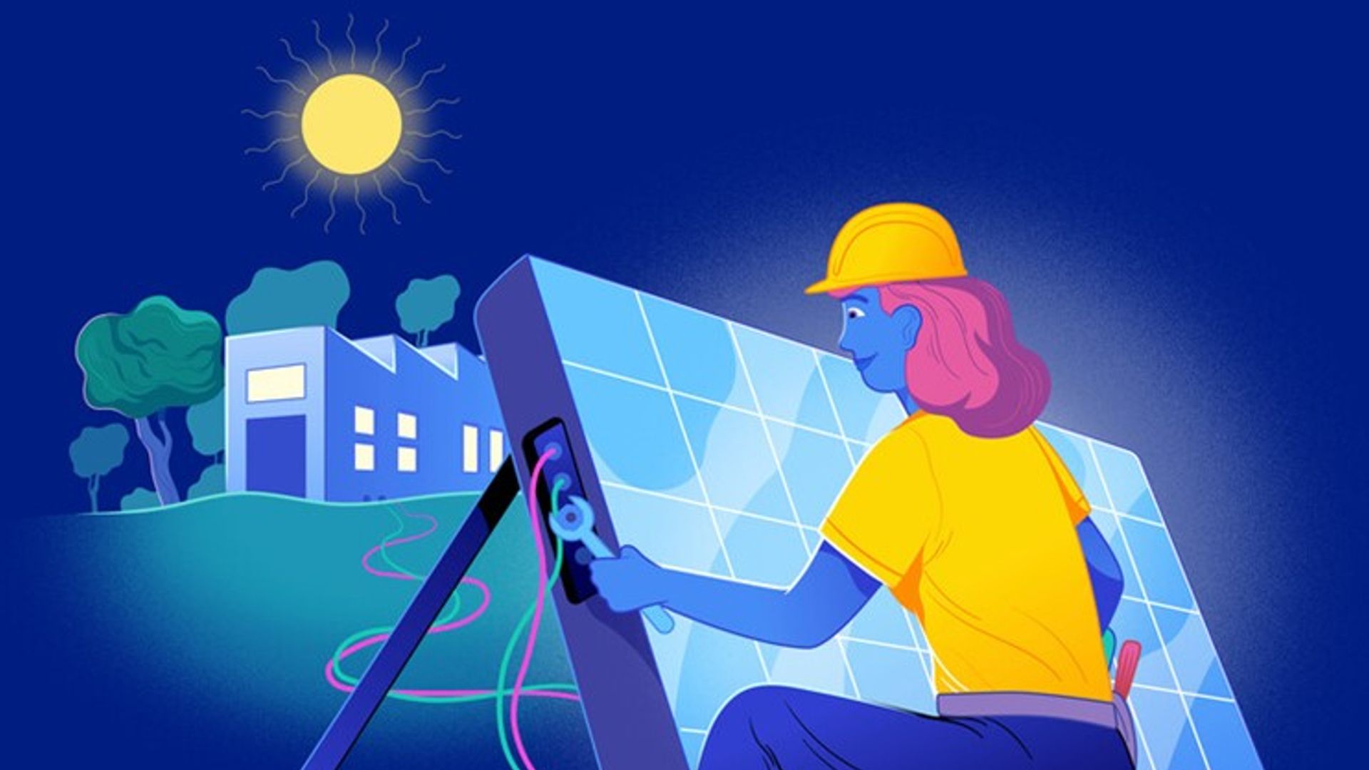 Animation of a woman fixing a solar panel