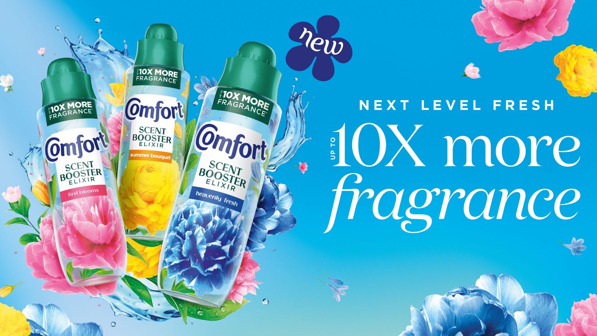 Advert for Comfort Scent Booster Elixir showing three bottles and text that reads ‘Up to 10x more fragrance’.