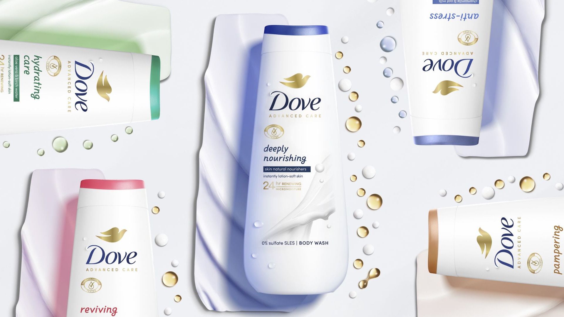 Photo of Dove’s MicroMoisture Body Wash range featuring five variants with different coloured lids.