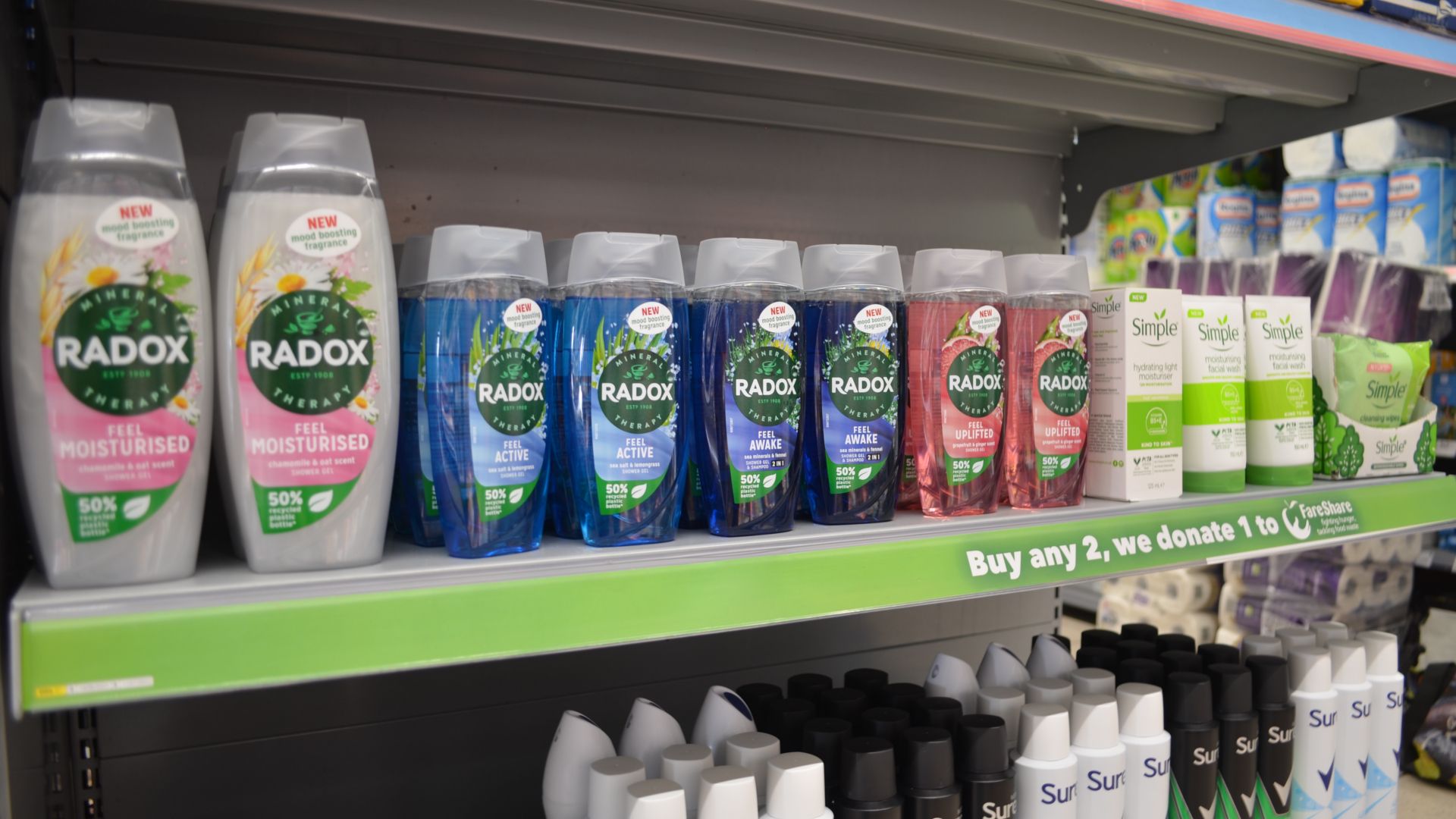 Range of Radox, Simple and Sure products on-shelf
