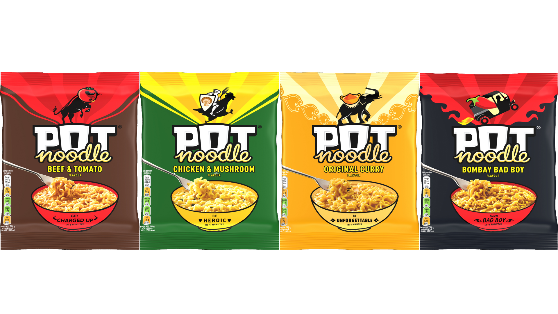 Four Pot Noodle flavors: Beef & Tomato, Chicken & Mushroom, Original Curry, Bombay Bad Boy.