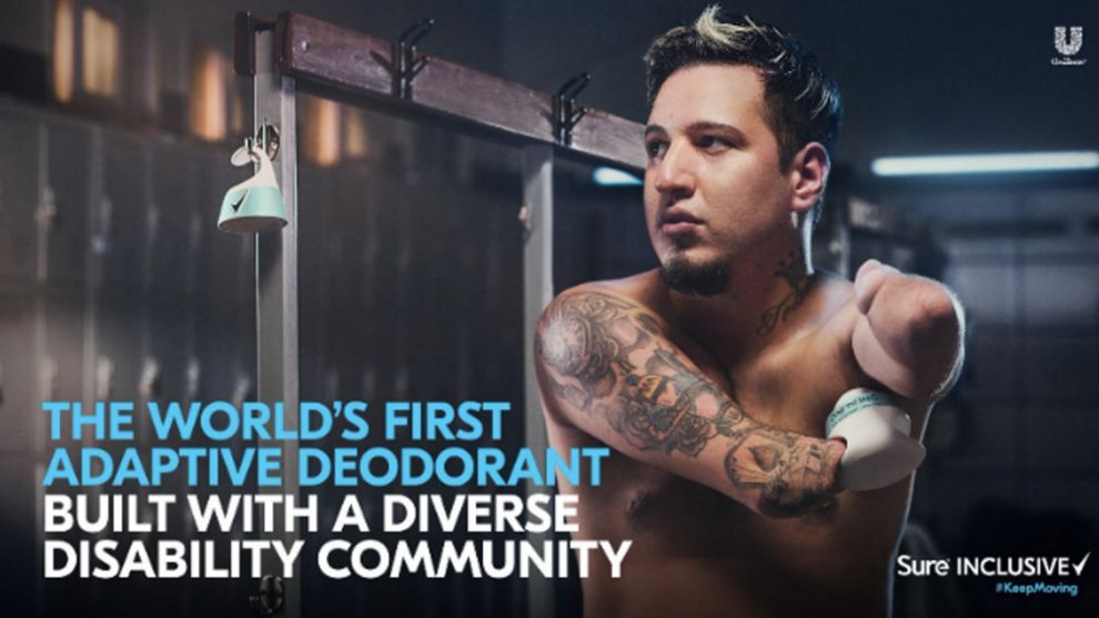 An image of an individual with upper limb disabilities using the new sure deodorant. The world’s first adaptive deodorant.