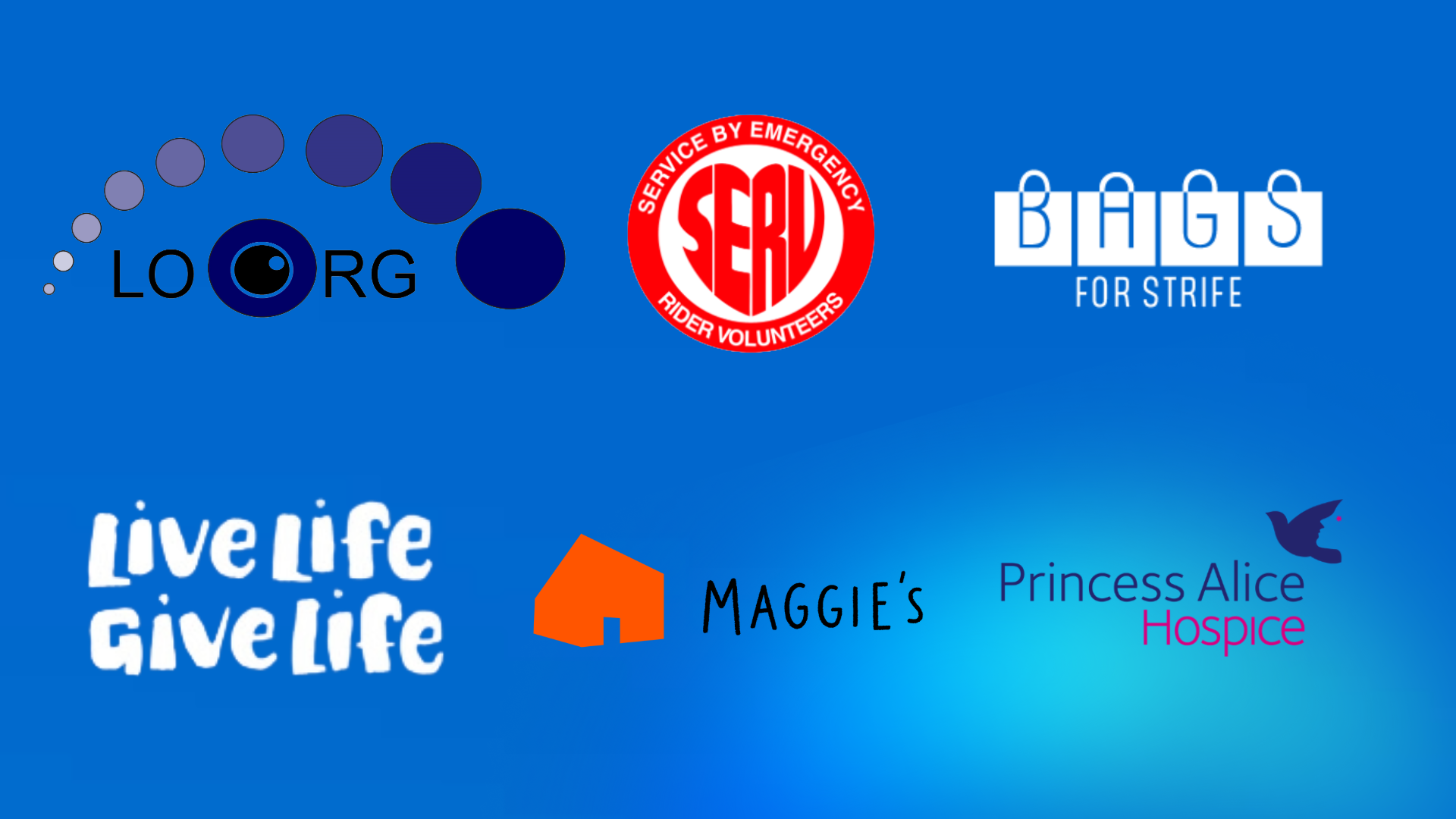 Logos of six charities displayed on a blue background: LOOK, SERV, Bags for Strife, Live Life Give Life, Maggie’s, and Princess Alice Hospice.