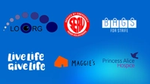 Logos of six charities displayed on a blue background: LOOK, SERV, Bags for Strife, Live Life Give Life, Maggie’s, and Princess Alice Hospice.
