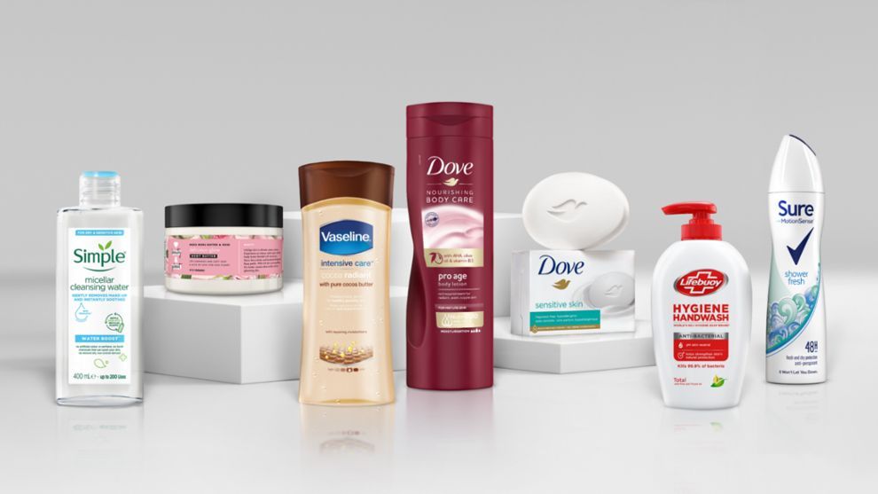 An image of a selection of Unilever brands like Simple, Vaseline, Dove and Lifebuoy, committed to Positive beauty.