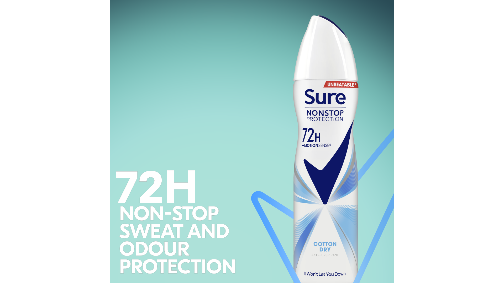 Sure Nonstop Protection 72H anti-perspirant spray on teal background.