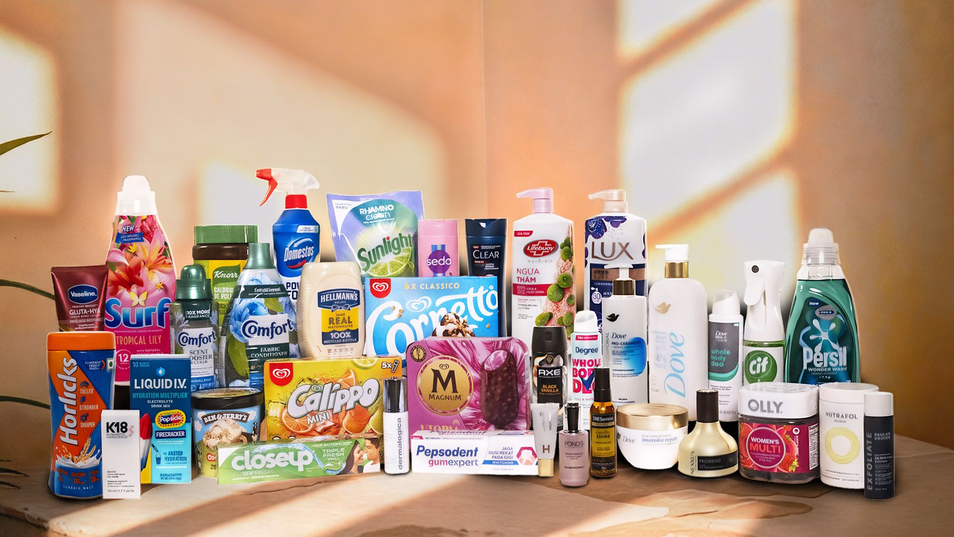 Line-up of Unilever’s Power Brands including Dove, Liquid I.V., Degree, Vaseline, Persil, Cif, Hellmann’s, Knorr, Magnum and Wall’s.